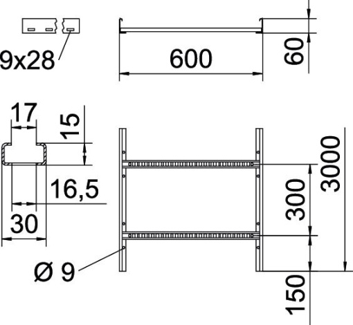 Cable ladder perforated rung, welded 60x600x3000 Aço galvanizado pelo método Sendzimir
