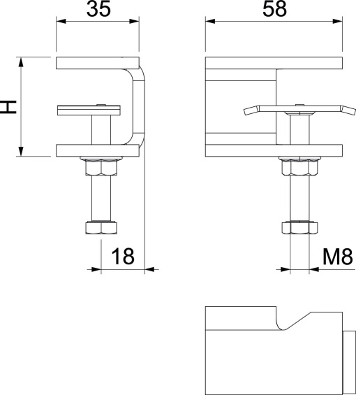 Hold-down clamp w. press plate for cable ladder 52x88x5 Aço inoxidável, livre de ferrugem A2 1.4301 brilhante, pós-tratamento aço inoxidável