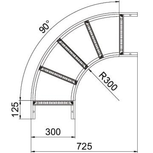 Ângulo 90 para caminhos de cabos escada 60x300 Aço inoxidável, livre de ferrugem 1.4301 A2 1.4301 brilhante, pós-tratamento aço inoxidável