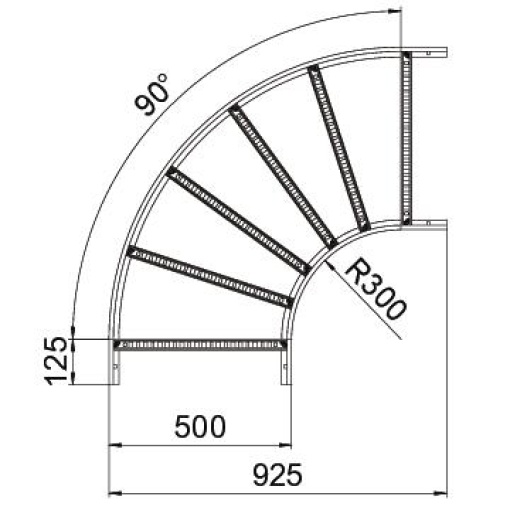 Ângulo 90 para caminhos de cabos escada 60x500 Aço inoxidável, livre de ferrugem 1.4301 A2 1.4301 brilhante, pós-tratamento aço inoxidável