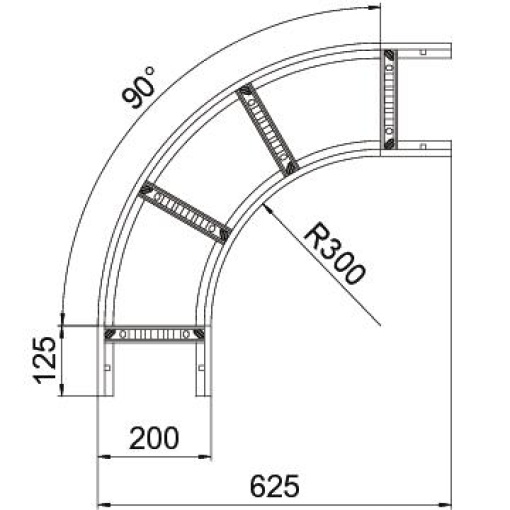 Ângulo 90 para caminhos de cabos escada 60x200 Aço inoxidável 1.4571 A4 1.4571 brilhante, pós-tratamento aço inoxidável