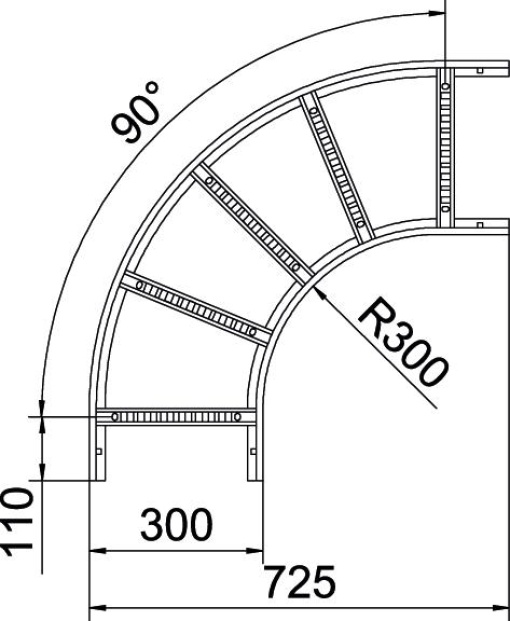 Ângulo 90 para caminhos de cabos escada 110x300 Aço galvanizado pelo método Sendzimir