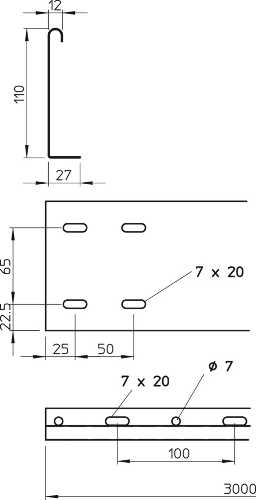 Separador para caminhos de cabos 110x2995 Aço Galvanizado por imersão a quente após maquinação 85µm zinco