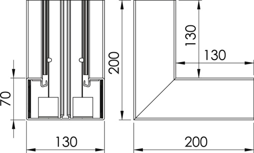 Ângulo interno 70x130mm Policloreto de vinilo branco puro RAL 9010