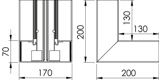 Ângulo interno 70x170mm Policloreto de vinilo branco puro RAL 9010
