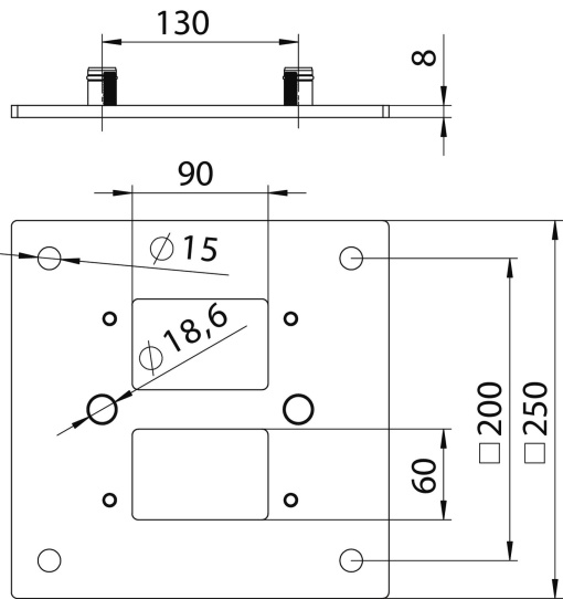 Base para colunas, indústria 250x250x8mm Aço com galvanização contínua  com revestimento de plástico alumínio branco RAL 9006