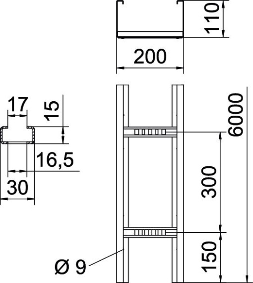 Caminho cabo escada grande vão aba perfurada 110x200x6000 Aço galvanizado por imersão a quente após maquinação