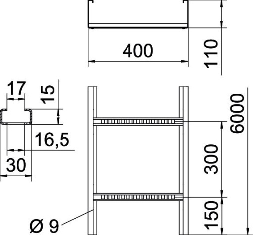 Caminho cabo escada grande vão aba perfurada 110x400x6000 Aço inoxidável, livre de ferrugem A2 1.4301 brilhante, pós-tratamento