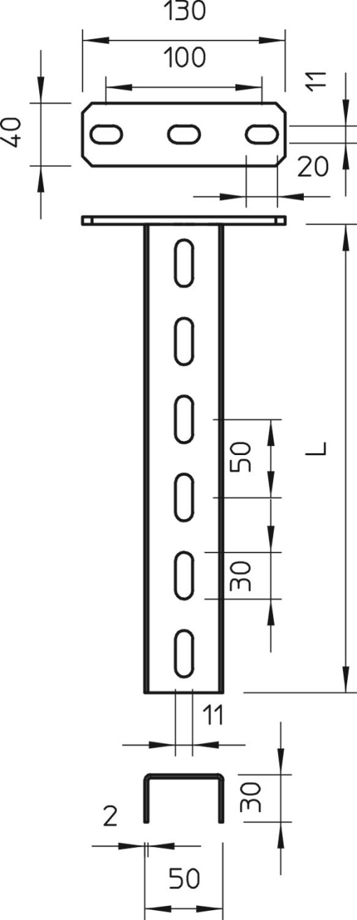 Pendural com cabeça soldada 50x30x1000 Aço inoxidável A4 1.4571 brilhante, pós-tratamento