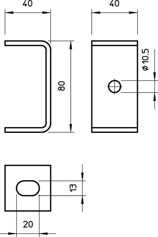 Distanciador para varão com furo lateral 10,5 mm 80x40 Aço galvanizado por imersão a quente após maquinação