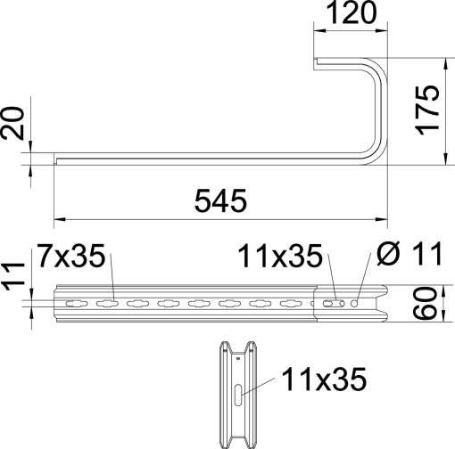 Consola para parede e teto Perfil TP B545mm Aço galvanizado pelo método Sendzimir