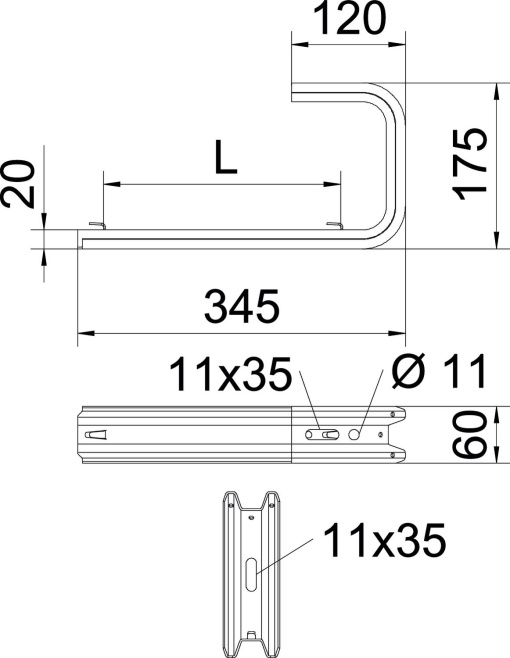 Consola para parede e teto para caminho de cabos em varão B345mm Aço Galvanizado por imersão a quente após maquinação zinco