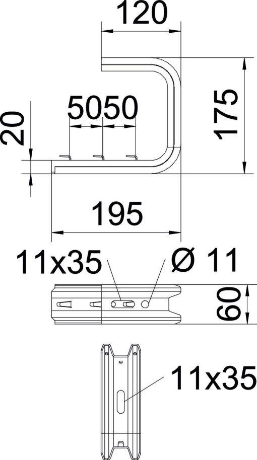 Consola para parede e teto para caminho de cabos em varão B195mm Aço inoxidável, livre de ferrugem A2 1.4301 brilhante, pós-tratamento aço inoxidável
