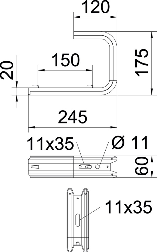 Consola para parede e teto para caminho de cabos em varão B245mm Aço inoxidável, livre de ferrugem A2 1.4301 brilhante, pós-tratamento aço inoxidável