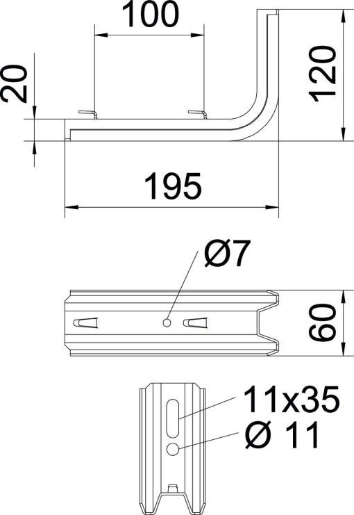 Consola TP para caminho de cabos em varão B195mm Aço galvanizado pelo método Sendzimir zinco