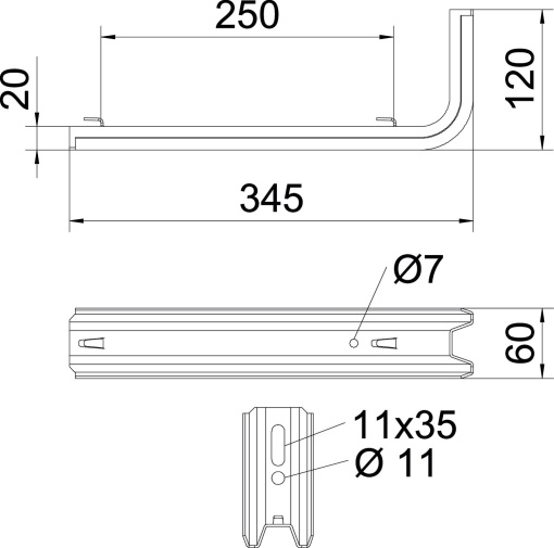 Consola TP para caminho de cabos em varão B345mm Aço inoxidável, livre de ferrugem A2 1.4301 brilhante, pós-tratamento aço inoxidável