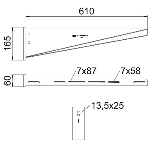 Consola mural com cabeça soldada B610mm Aço inoxidável A4 1.4571 brilhante, pós-tratamento aço inoxidável