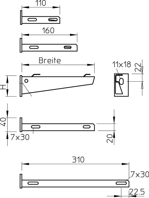Consola mural para caminho de cabos em varão B110mm Aço inoxidável, livre de ferrugem A2 1.4301 brilhante, pós-tratamento aço inoxidável