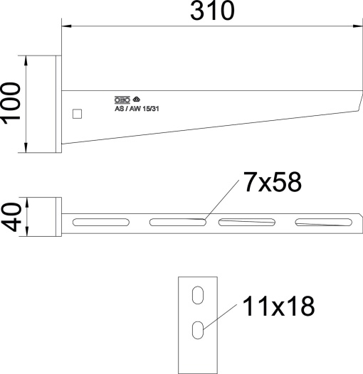 Consola mural com 2 furos de fixação B310mm Aço Galvanizado por imersão a quente após maquinação zinco