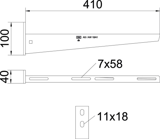 Consola mural com 2 furos de fixação B410mm Aço galvanizado por imersão a quente após maquinação