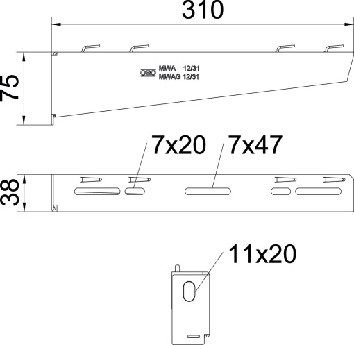 Consola mural para caminho de cabos em varão B310mm Aço galvanizado pelo método Sendzimir
