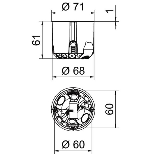 Cavity wall box airtight for fire rated walls Ø68mm, H61mm Polipropileno  Elastómero termoplástico cor de laranja  cinzento