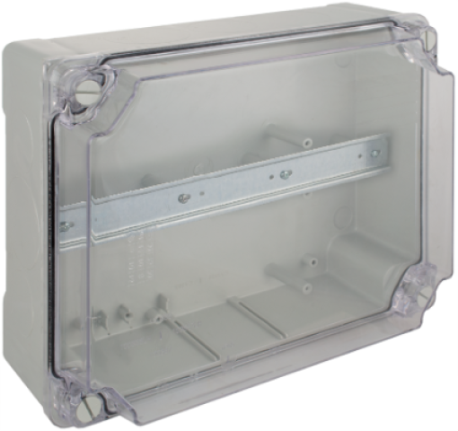 Watertight connection box 310 x 240 x 125 mm without cones. Grey colour with clear lid and DIN rail.