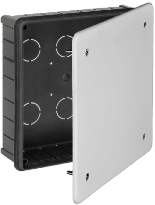 Caixa de ligação para encastrar com tampa, 200 x 200 mm. Tampa com parafusos
