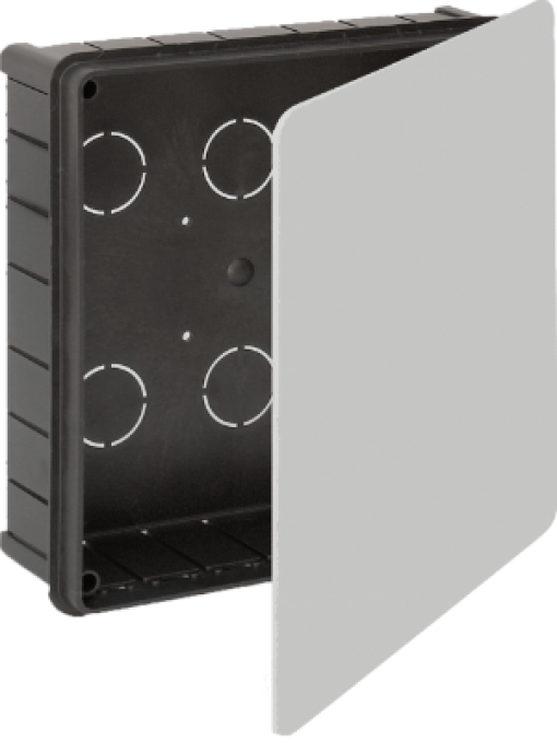 Caixa de ligação para encastrar com tampa, 200 x 200 mm. Tampa com garras de plástico.