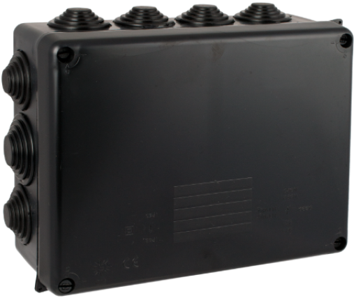 Caixa de ligação estanque 220 x 170 x 80 mm com cones. Cor preta.