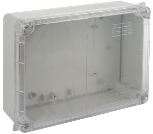 Caixa de ligação estanque 220 x 170 x 80 mm sem cones. Cor cinzenta com tampa transparente.