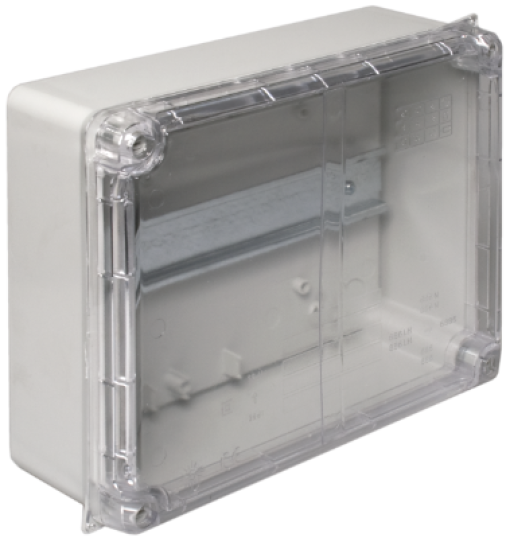 Caixa de ligação estanque 220 x 170 x 80 mm sem cones. Cor cinzenta com tampa transparente e calha DIN.