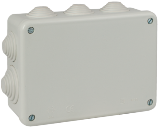 Caixa de ligação estanque 153 x 110 x 55 mm com cones. Cor cinzenta.