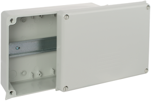 Watertight connection box 220 x 170 x 80 mm without cones. Grey colour and DIN rail.