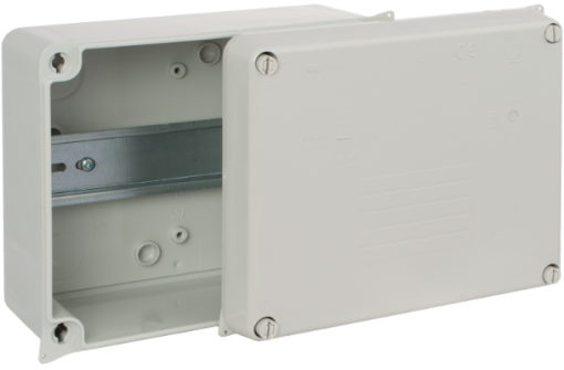 Caixa de ligação estanque 160 x 135 x 70 mm sem cones. Cor cinzenta e calha DIN.