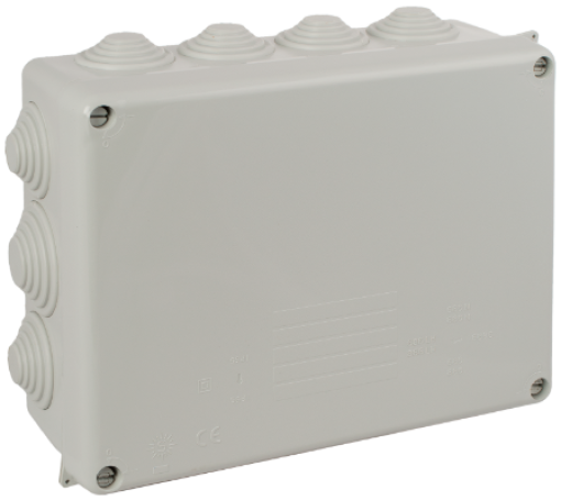 Caixa de ligação estanque 220 x 170 x 80 mm com cones. Cor cinzenta.