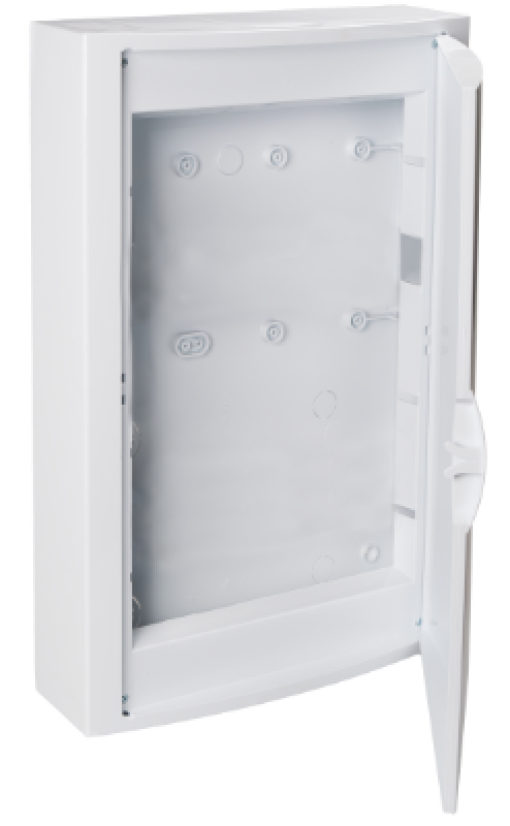 Caixa de ligação aparente. Com moldura e porta de acabamento branca.