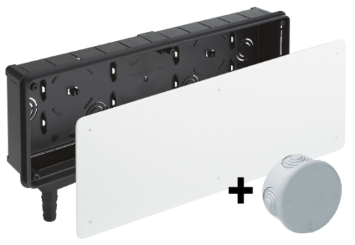 Caixas para encastrar para pré-instalação de ar condicionado. Com evacuação de água vertical reversível + caixa de ligação. Inclui ref. 665. e Com divisória central antideformação