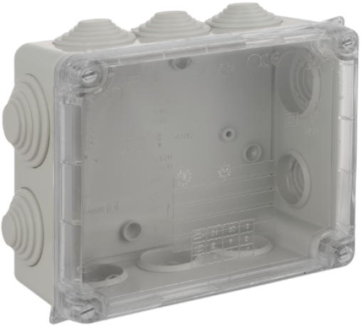Caixa de ligação estanque 160 x 135 x 70 mm com cones. Cor cinza e tampa transparente.
