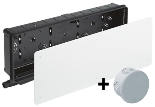 Caixas para encastrar para pré-instalação de ar condicionado. Com evacuação de água horizontal reversível + caixa estanque de ligação. Inclui ref. 665. e Com divisória central antideformação