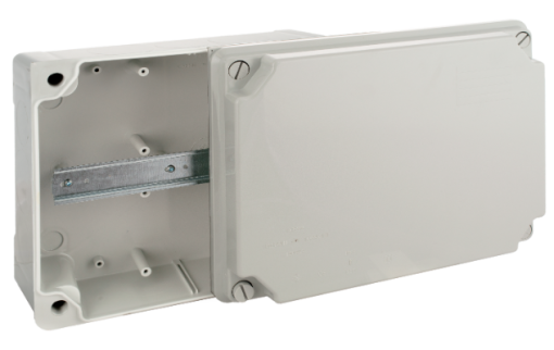 Watertight connection box 310 x 240 x 125 mm without cones. Grey colour and DIN rail.