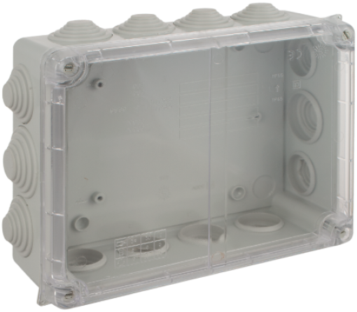 Caixa de ligação estanque 220 x 170 x 80 mm com cones. Cor cinza e tampa transparente.