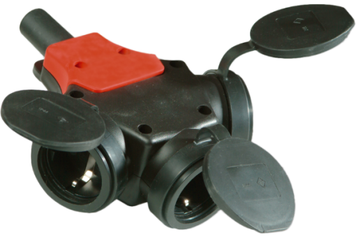 Multi-socket outlet with 3 sockets 2P+E, 16A 250V~. Black rubber.