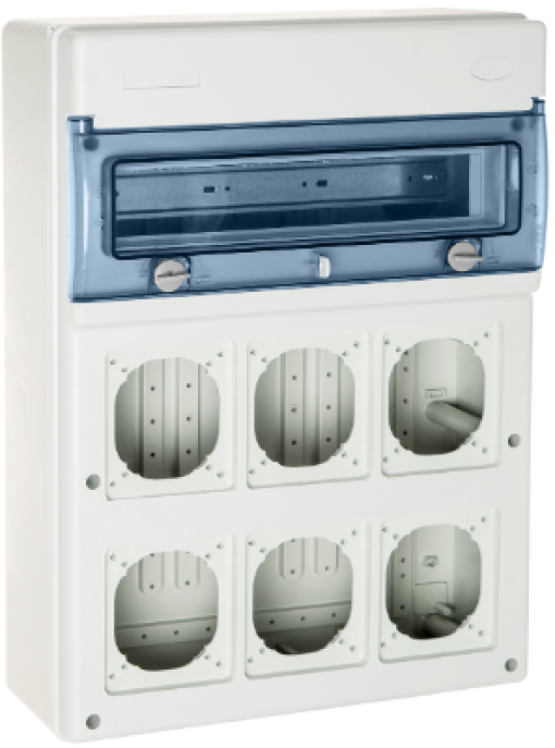 Industrial distribution box of 16 modules. Cover with 6 openings for industrial flush sockets.