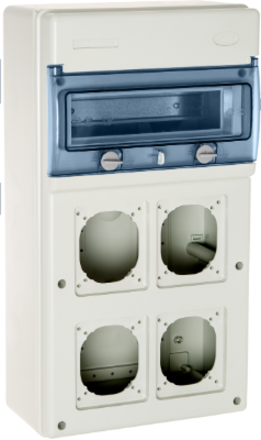 Industrial distribution box of 11 modules. Cover with 4 openings for industrial flush sockets.