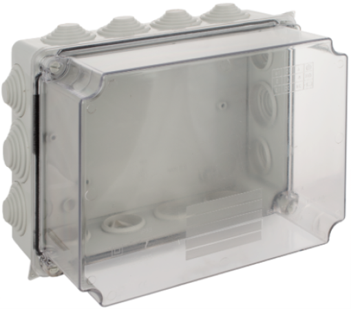 Caixa de ligação estanque 220 x 170 x 140 mm com cones. Cor cinza e tampa transparente.