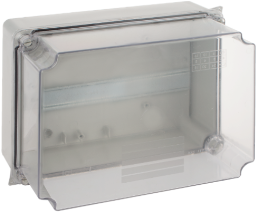 Caixa de ligação estanque 220 x 170 x 140 mm sem cones. Cor cinzenta com tampa transparente e calha DIN.