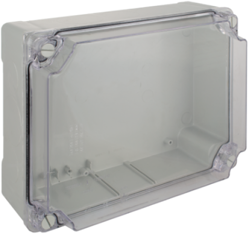 Watertight connection box 310 x 240 x 125 mm without cones. Grey colour with clear lid.