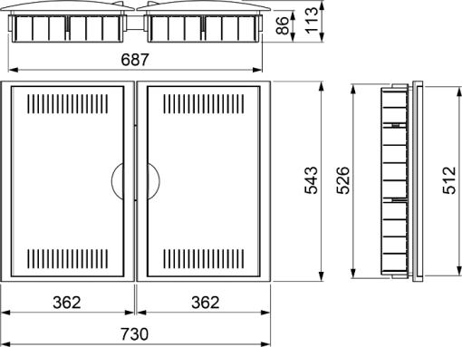 Network termination box. Flush. Empty box with 2 locks and metal keys. Flush dimensions 688 x 526 x 86 mm