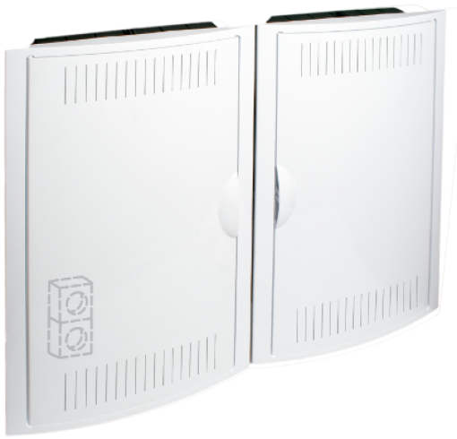 Quadro de terminação de rede. Com 2 bases 2P + T16A 250V. Dimensões rebaixadas 688 x 526 x 86 mm